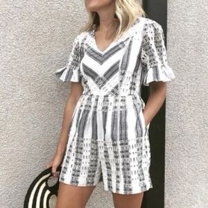 Anthropologie Etttwa White and Gray Eyelet High Waist Romper